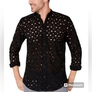 INC INTERNATIONAL CONCEPTS EMBROIDERED EYELET BAND COLLAR SHIRT